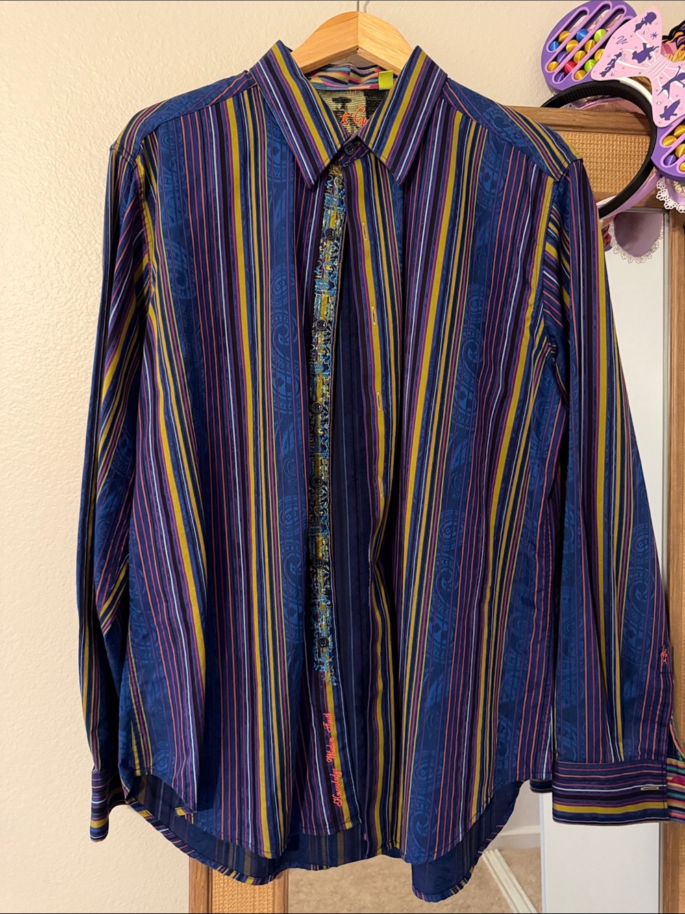 Men's Multi-Stripe Button-Up Shirt - Purple/Blue/Yellow